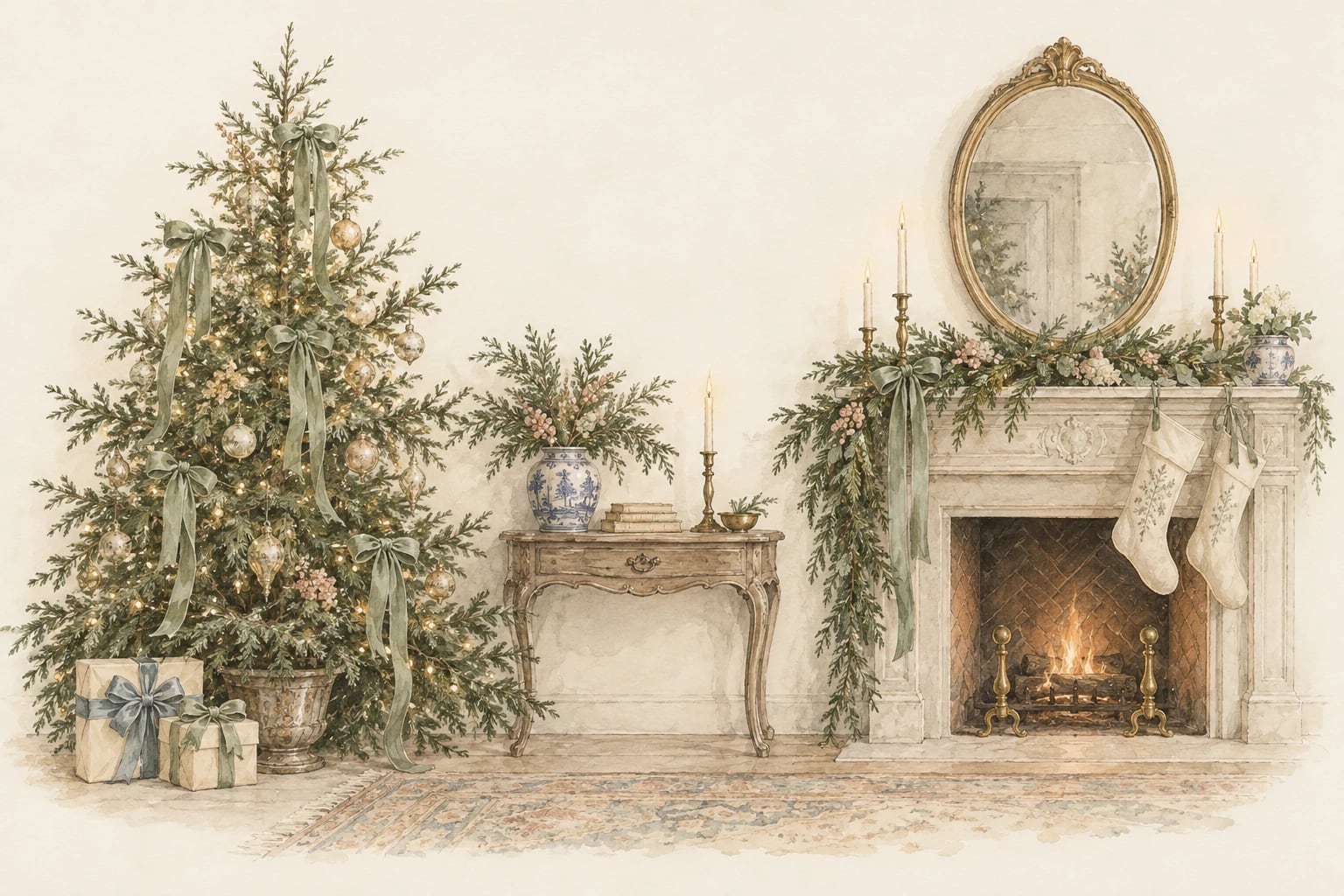 Watercolor illustration of a holiday living room: a tree with sage ribbons and gold ornaments, a console with blue-and-white porcelain, and a fireplace with garland, candles and stockings.