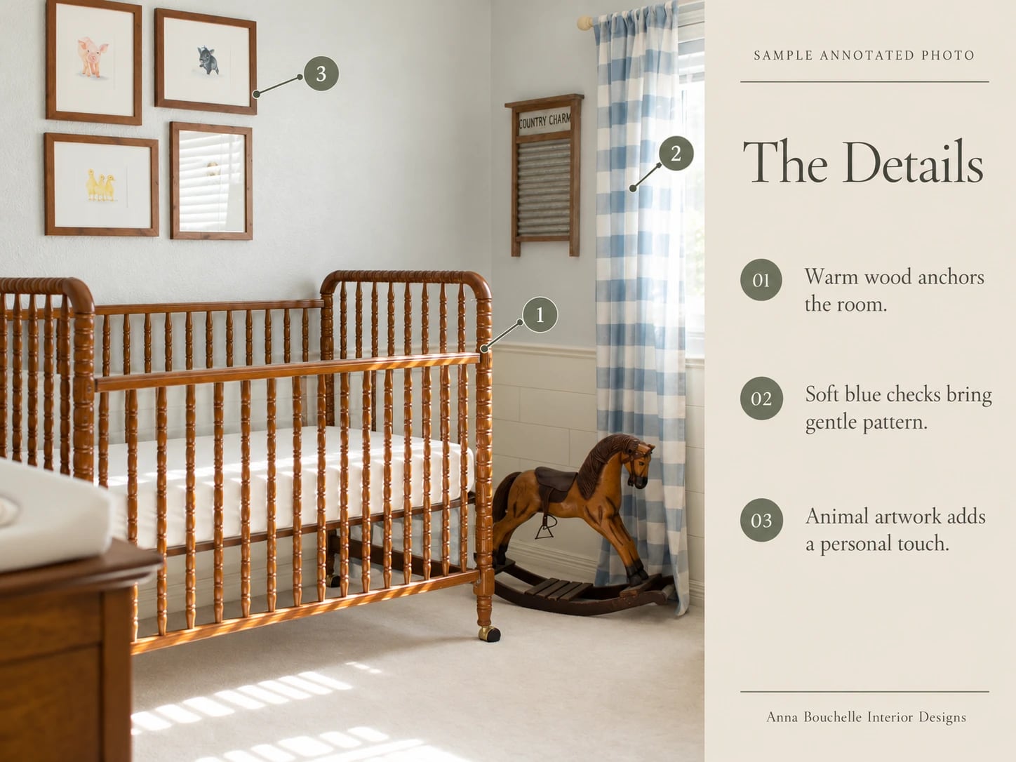 Sample annotated photo: a nursery with numbered notes on the warm wood crib, blue gingham curtain and animal artwork.