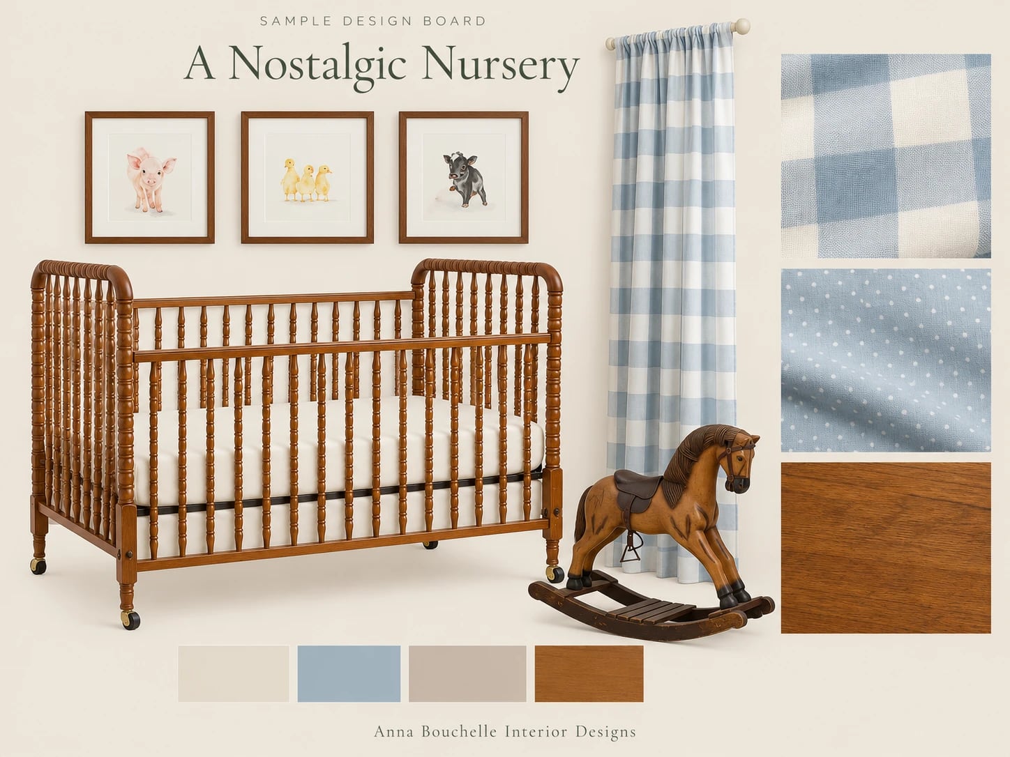 Sample design board: a nostalgic nursery with a spindle crib, gingham curtain, rocking horse and a blue, cream and walnut palette.