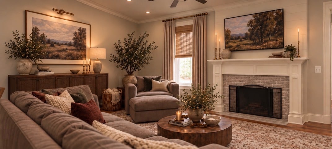 Sample design rendering of a warm living room with a deep sofa, round wood coffee table, white mantel with brick fireplace and landscape paintings.